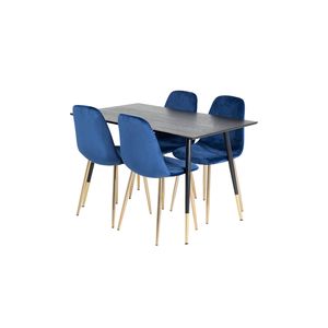 Dipp120x85BLBR eethoek eetkamertafel zwart en 4 Polar eetkamerstal velours blauw, messing decor.