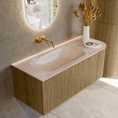 Badmeubel Mondiaz Kurve-Dlux | 115 cm | Meubelkleur Dusk | Wastafelkleur Meli | Solid surface | Wasbak linker zijde spoelbak | Zonder kraangat(en)