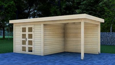 Van Kooten Prime Line blokhut 300x300 cm + overkapping 300 cm + achterwand 28 mm vuren blank- Plat dak- Onbehandeld vurenhout- Van Kooten - Van Kooten