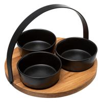 5Five Serveerplank acacia - met 3x schaaltjes - D21 cm - tapas en saus schaaltjes - hapjes