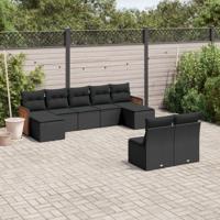 9-delige Loungeset met kussens poly rattan zwart