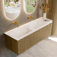 Badmeubel Mondiaz Kurve-Dlux | 145 cm cm | Meubelkleur Dusk | Wastafelkleur Frappe | Solid surface | Dubbel / Links spoelbak | Zonder kraangat(en)