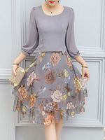 Round Neck Floral Lantern Sleeve Skater Dresses
