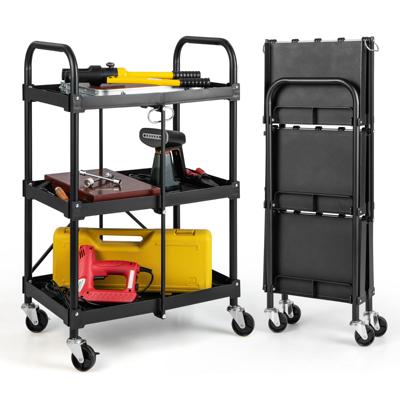 Gereedschapswagen 3 Etages Inklapbare Rolwagen op Wielen Multifunctionele Trolley Werkplaatswagen Servicewagen Zwart