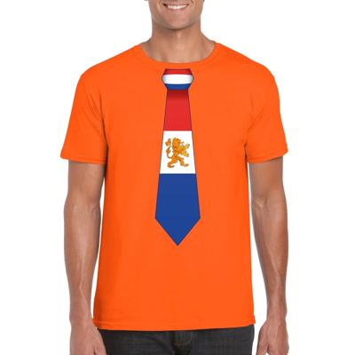 Oranje t-shirt met Hollandse vlag stropdas - voor heren - Nederland supporter - Koningsdag