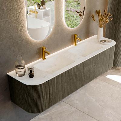 Badmeubel Mondiaz Kurve-Dlux | 180 cm cm | Meubelkleur Shadow | Wastafelkleur Opalo | Solid surface | Wasbak beiden zijden spoelbak | 2 kraangaten