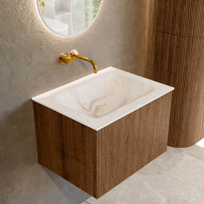Mondiaz KURVE-DLUX 60 cm Onderkast Greeploos 1 Lade Zonder Deuren Walnut, Wastafel Solid Surface Midden Frappe 0 Kraangaten Zonder Spiegel (KRVCLO601L0D0KM-Wal/Fra)