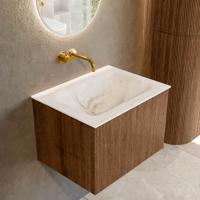 Mondiaz KURVE-DLUX 60 cm Onderkast Greeploos 1 Lade Zonder Deuren Walnut, Wastafel Solid Surface Midden Frappe 0 Kraangaten Zonder Spiegel (KRVCLO601L0D0KM-Wal/Fra)