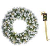 Kerstkrans/deurkrans groen met verlichting 30 lampjes en sneeuw 60 cm en met gouden hanger