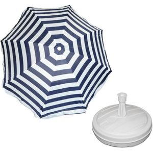 Parasol - blauw/wit - D160 cm - incl. draagtas - parasolvoet - 42 cm