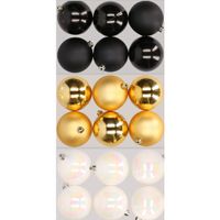 18x stuks kunststof kerstballen mix van zwart, parelmoer wit en goud 8 cm