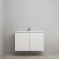 On-Line Onderkast - 100 cm - Bouwpakket - Greeploos 2 Deuren - Porseleinen Wastafel - 1 Kraangat - Hoogglans Wit