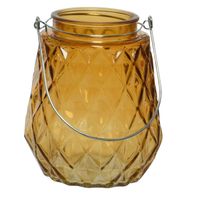 Theelichthouders/waxinelichthouders ruitjes glas cognac/oranje met metalen handvat 11 x 13 cm - Waxinelichtjeshouders - thumbnail