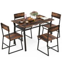 5-Delige Eettafel Set Rechthoekige Keukentafel met 4 Stoelen Opbergplank Metalen Frame Ruimtebesparende Set voor Eetkamer Bruin