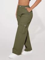 Petite High Waist Cargo Jeans - Army Green Cotton Straight Leg Army Green / Petite XXS