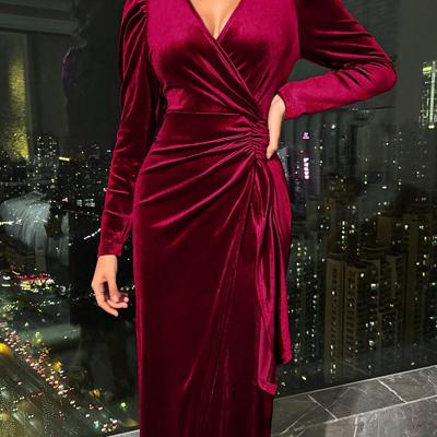 Bon&Bon Burgundy Velvet Wrap Dress - Elegant Long Sleeve Midi Burgundy / S