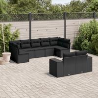 9-delige Loungeset met kussens poly rattan zwart