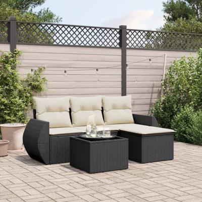 5-delige Loungeset met kussens poly rattan zwart