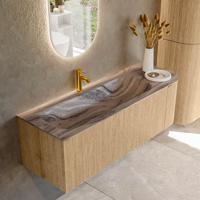 Badmeubel Mondiaz Kurve-Dlux | 135 cm | Meubelkleur Oak | Wastafelkleur Sombra | Solid surface | Wasbak linker zijde spoelbak | 1 kraangat