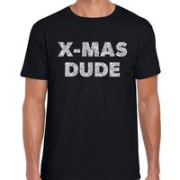 Foute Kerst t-shirt X-mas dude zilver glitter op zwart heren - thumbnail