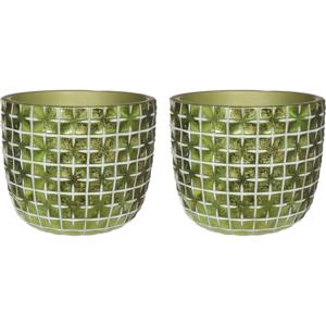 Bloempot/plantenpot ruit motief Hanoi - 2x - metallic groen - D18 x H15 cm - binnen