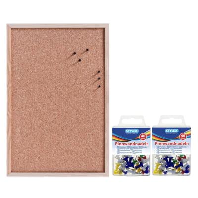 Zeller Prikbord van kurk - 60 x 40 cm - met 80 gekleurde punaises - Kantoor benodigdheden