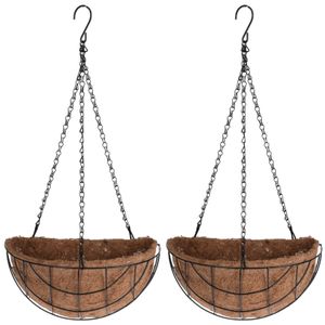 2x stuks metalen hanging baskets / plantenbakken halfrond zwart met ketting 26 cm - hangende bloemen