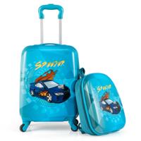 2-delige Kinderkoffer Set Kinderbagage met Wielen 16" Handbagage & 13" Harde Rugzak Blauw Auto