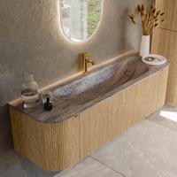 Badmeubel Mondiaz Kurve-Dlux | 150 cm | Meubelkleur Oak | Wastafelkleur Oza | Solid surface | Wasbak midden spoelbak | 1 kraangat