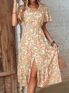 V Neck Casual Floral Regular Fit Dress With No