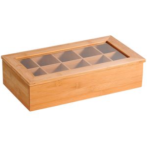 Bamboe houten theedoos/theekist met 10 vakken 20 x 36 x 9 cm