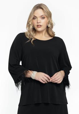 Yoek Shirt A-lijn met veren | Zwart | Maat 42/44