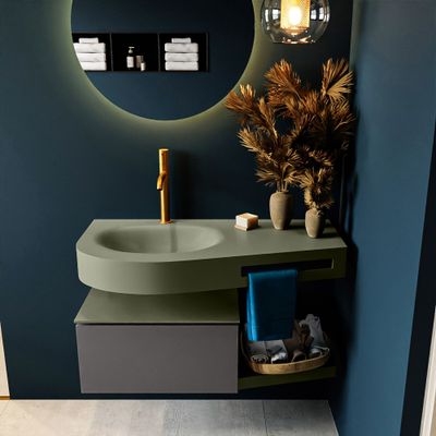 MONDIAZ RIVA 100cm badmeubel onderkast / planchet kleur Dark_Grey met 1 lade. Wastafel DULCET links 1 kraangat kleur Army. MONDIAZ RIVA 100cm badmeubel onderkast / planchet kleur Dark_Grey met 1 lade. Wastafel DULCET links 1 kraangat kleur Army.