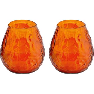 Windlicht kaars - 2x - oranje - 48 branduren - Glas - 10 x 10 cm - Terraskaarsen/tuinkaars
