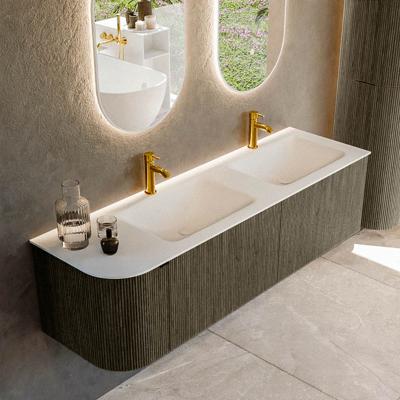 Badmeubel Mondiaz Kurve | 155 cm cm | Meubelkleur Shadow | Wastafelkleur Talc | Solid surface | Dubbel / Rechts spoelbak | 2 kraangaten