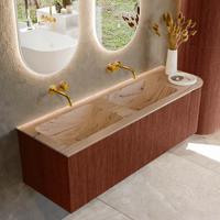 Badmeubel Mondiaz Kurve-Dlux | 145 cm | Meubelkleur Ruby | Wastafelkleur Arena | Solid surface | Dubbel / Links spoelbak | Zonder kraangat(en)