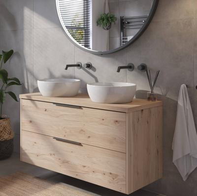 Saqu Lima voorgemonteerd badmeubel met mat zwarte greep incl. keramische waskommen 120cm naturel eiken