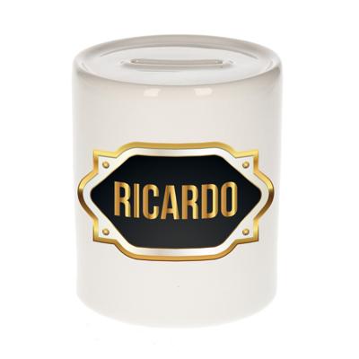 Spaarpot met voornaam Ricardo - wit - goud/zwart embleem - 8 x 9 cm - keramiek - afsluitdop