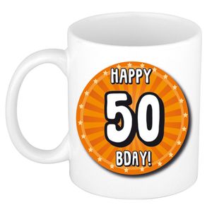 Verjaardag cadeau mok - 50 jaar - oranje - wiel - 300 ml - keramiek - Sarah/Abraham