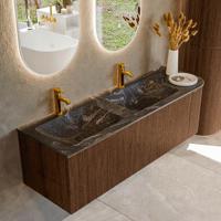 Badmeubel Mondiaz Kurve-Dlux | 145 cm | Meubelkleur Walnut | Wastafelkleur Lava | Solid surface | Dubbele spoelbak | 2 kraangaten