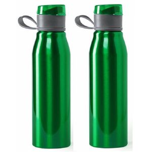 Aluminium waterfles/drinkfles - 2x - metallic groen - met schroefdop - 700 ml - Drinkflessen
