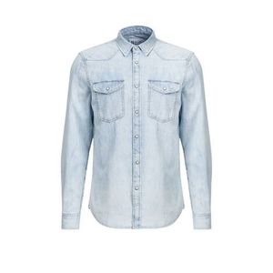 WE Fashion Blue Ridge gestreept slim fit denim overhemd lichtblauw
