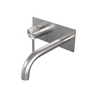 Inbouw Wastafelmengkraan Brauer Brushed Carving Coldstart Gebogen Uitloop Ronde Hendel Links Geborsteld RVS PVD Met Afdekplaat Brauer