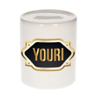Spaarpot met voornaam Youri - wit - goud/zwart embleem - 8 x 9 cm - keramiek - afsluitdop