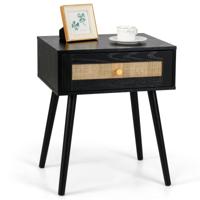Rotan Nachtkastje Bohemian Nachtkastje met één Lade en Massief Houten Poten Houten Bijzettafel voor Slaapkamer Woonkamer
