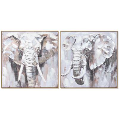 Schilderij Home ESPRIT Wit Bruin Grijs Olifant Koloniaal 80 x 3,5 x 80 cm (2 Stuks)
