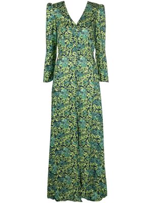 Saloni robe longue en soie Margot à col v - Bleu