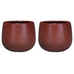 Set van 3x stuks bloempotten bordeaux rood ribbels keramiek voor kamerplant H16 x D18 cm