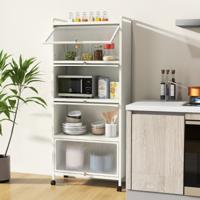 5 Niveaus Keukenkast Hoog Keukenrek met Wieltjes en Deuren voor Keuken Eetkamer Woonkamer Opbergkast Bijzetkast Wit