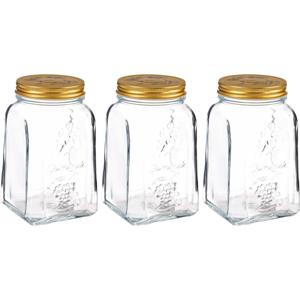 Voorraadpot/bewaarpot Square - 3x - glas - 1L - transparant/goud - D10 x H17 cm - voedsel bewaren